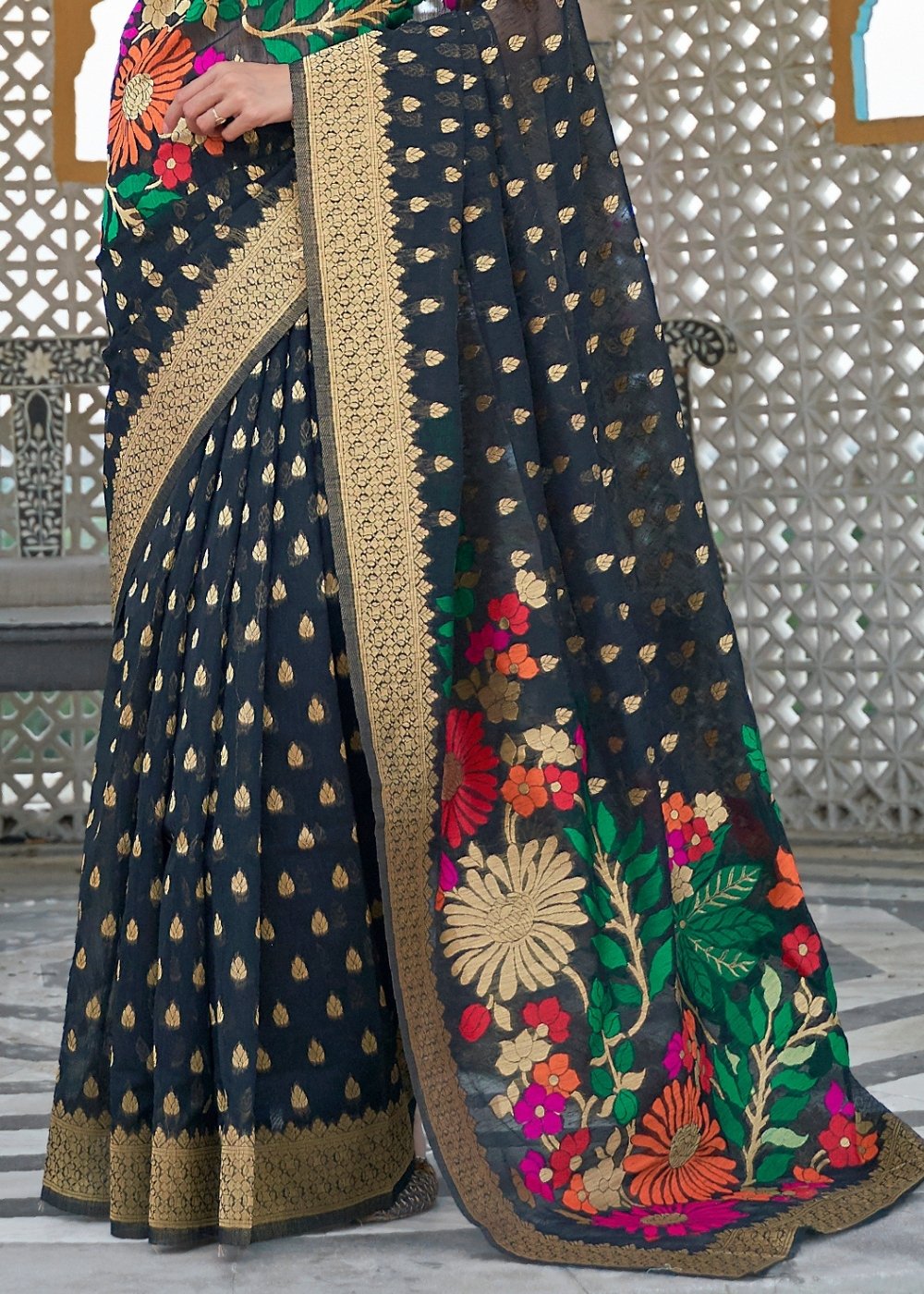 Onyx Black Floral Embroidered Linen Silk Saree