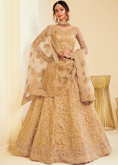 Golden Brown Soft Net Lehenga Choli with Cording Embroidery & Stone work