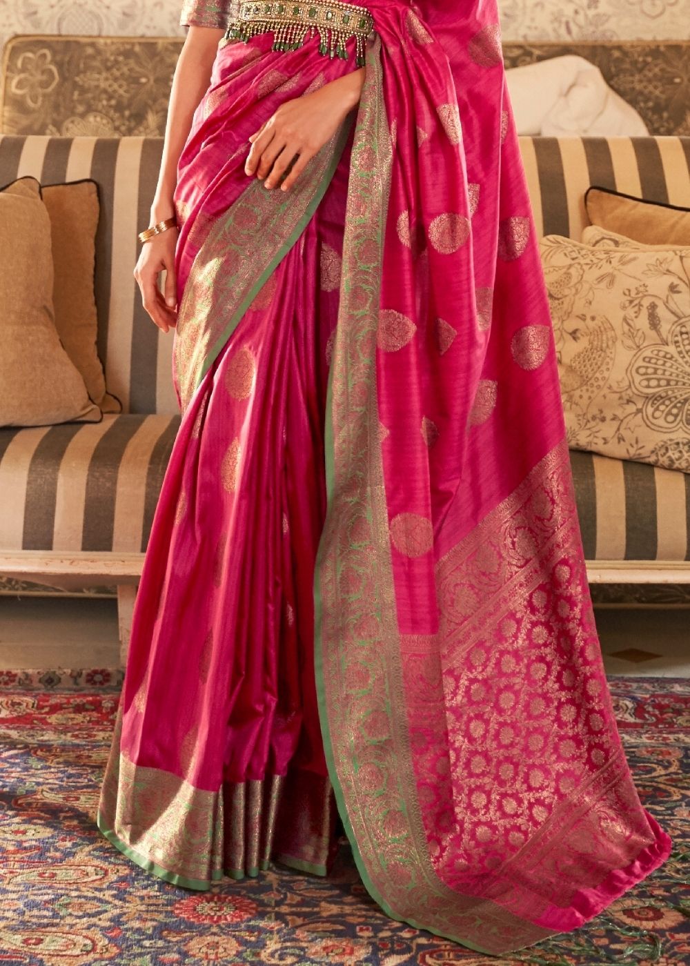 Ruby Pink Woven Banarasi Tussar Silk Saree