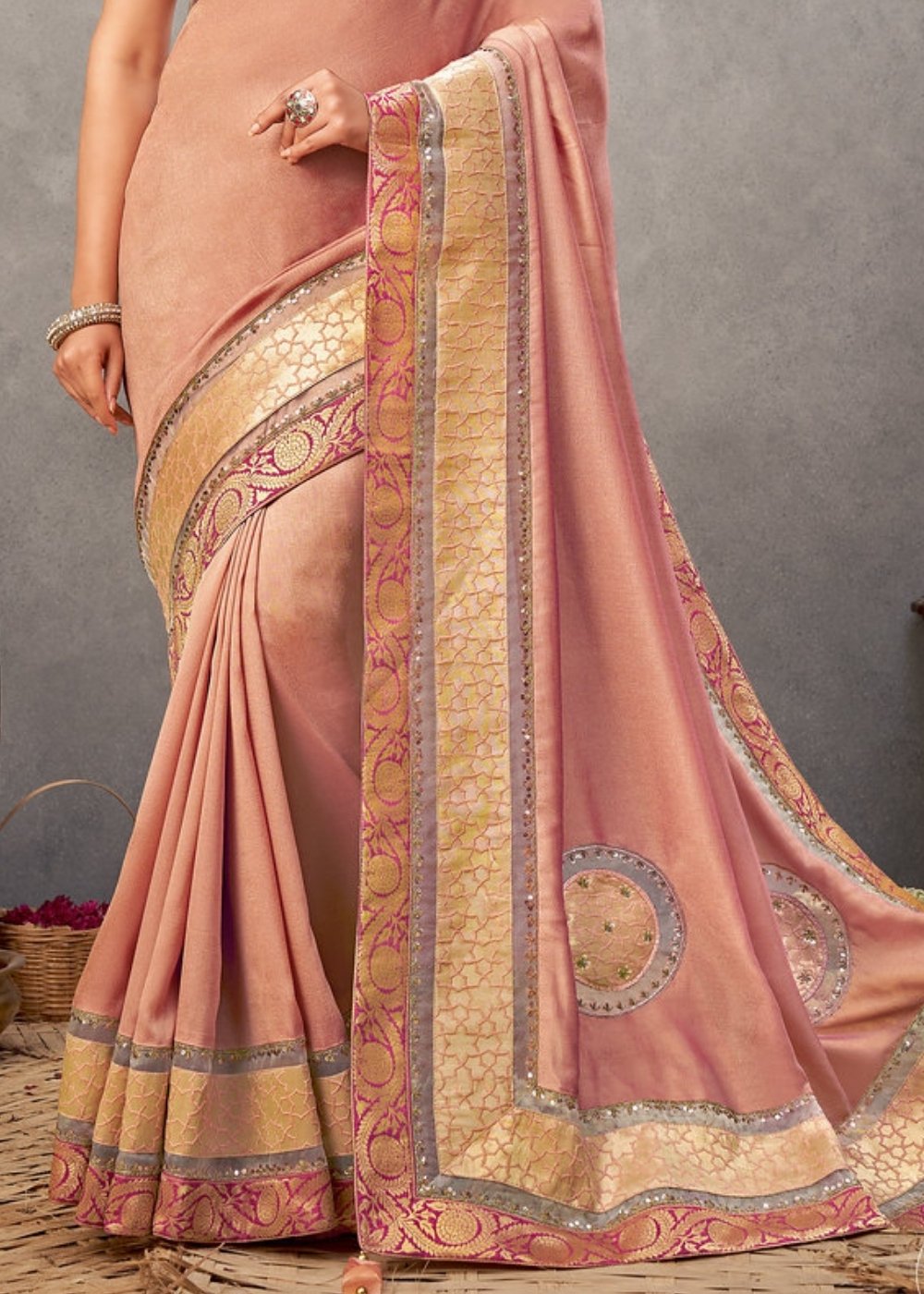 Peach Pink Dual Tone Georgette Silk Saree with Sequins & Zari Embroidery