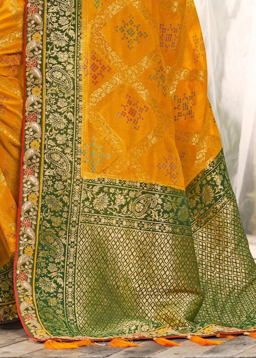 Gold Yellow Banarasi Dola Silk Saree with Resham Embroidery, Zari and Gotta Patti work