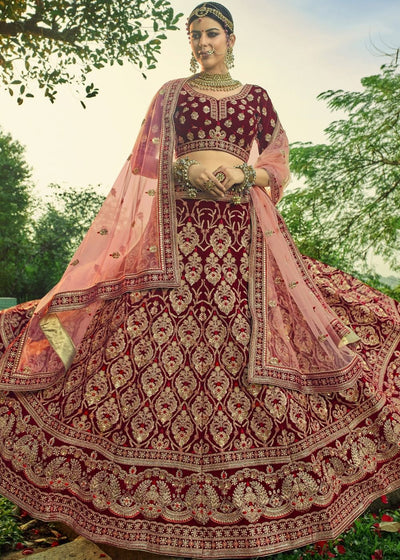 Mahogany Red Bridal Velvet Lehenga Choli with Embroidery & Hand work