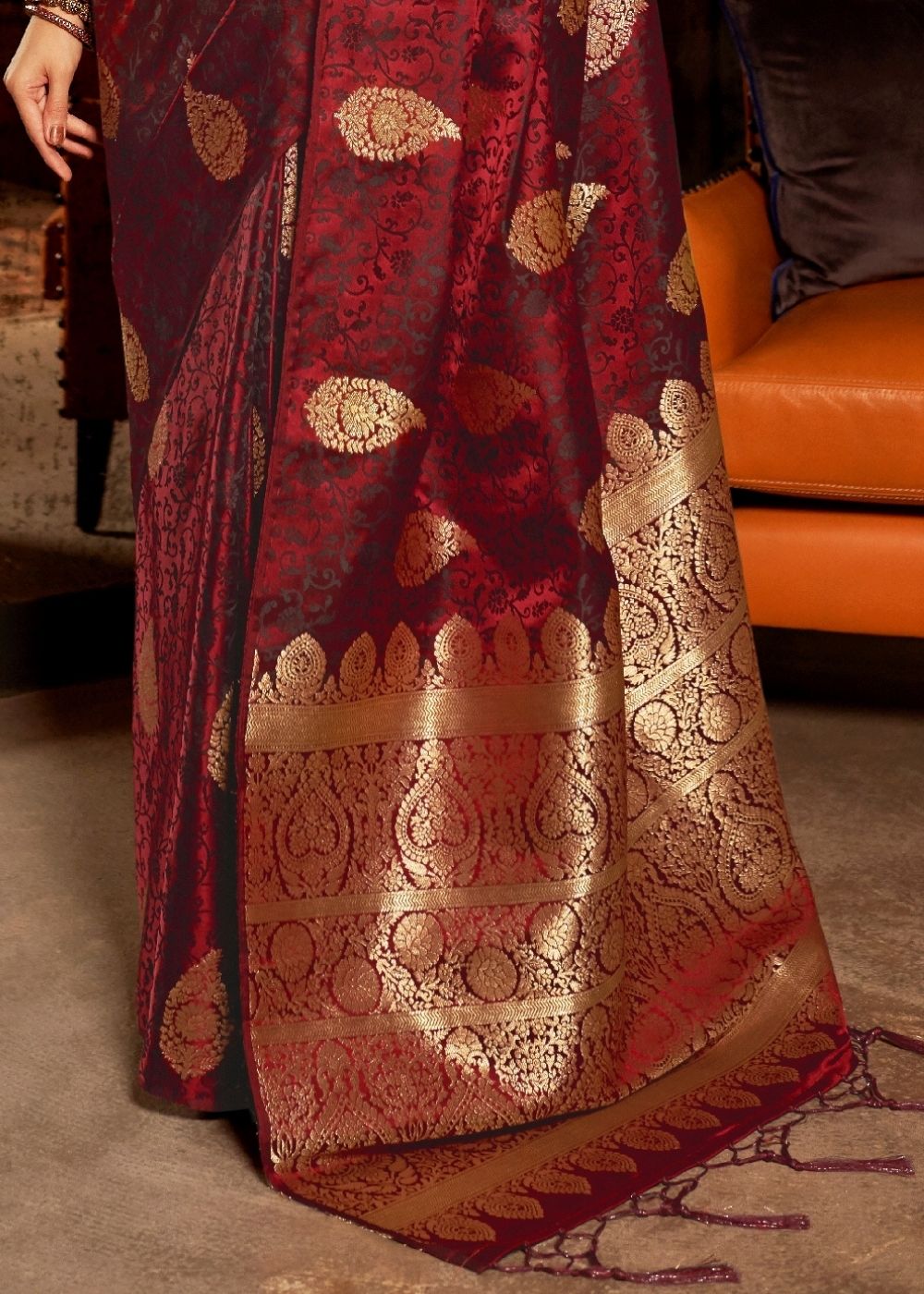 Wine Red Pure Satin Woven Silk Saree with overall Golden Buti