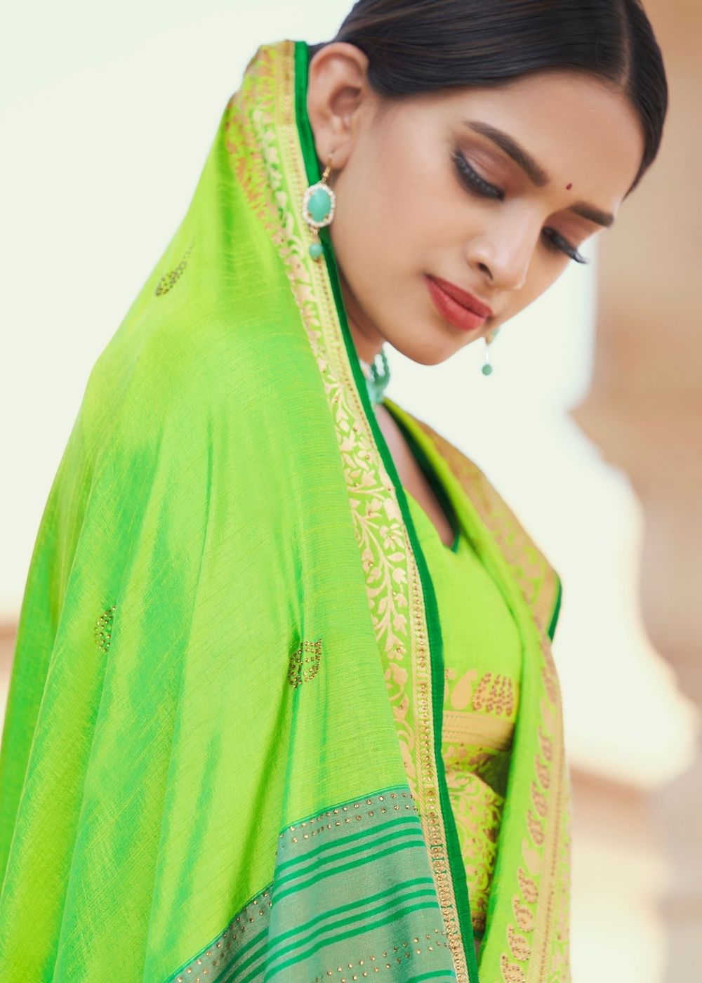 Lime Green Zari Woven Soft Silk Saree
