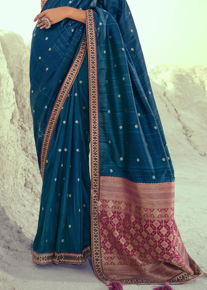 Yale Blue Woven Banarasi Silk Saree with Embroidered Border & Swarovski work