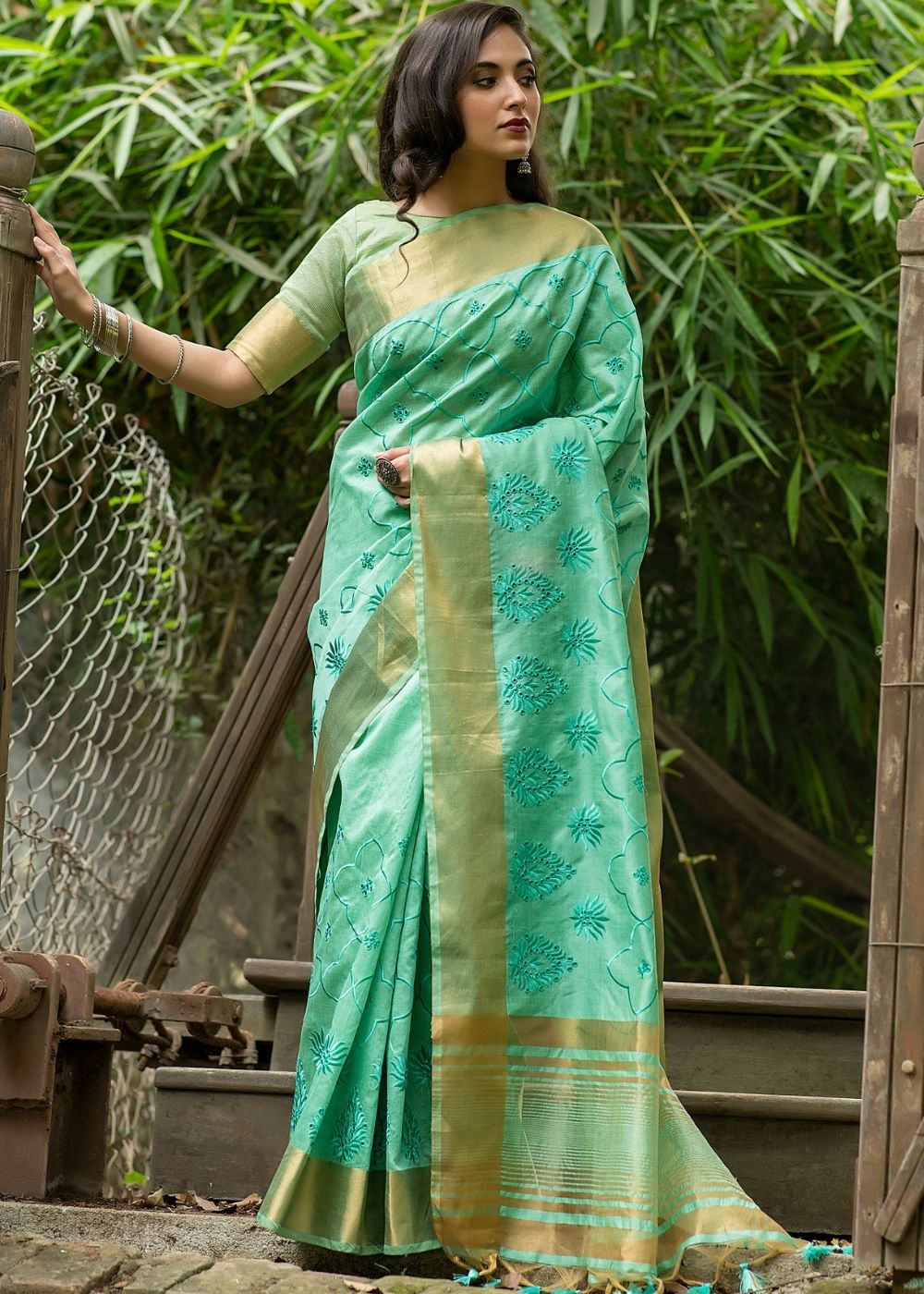 Seafoam Green  Assam Silk Saree with Cut-Work Embroidery
