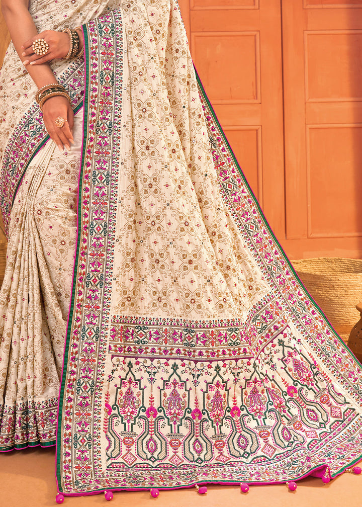 Pearl White Banarasi Silk Saree with Diamond, Mirror & Kachhi work