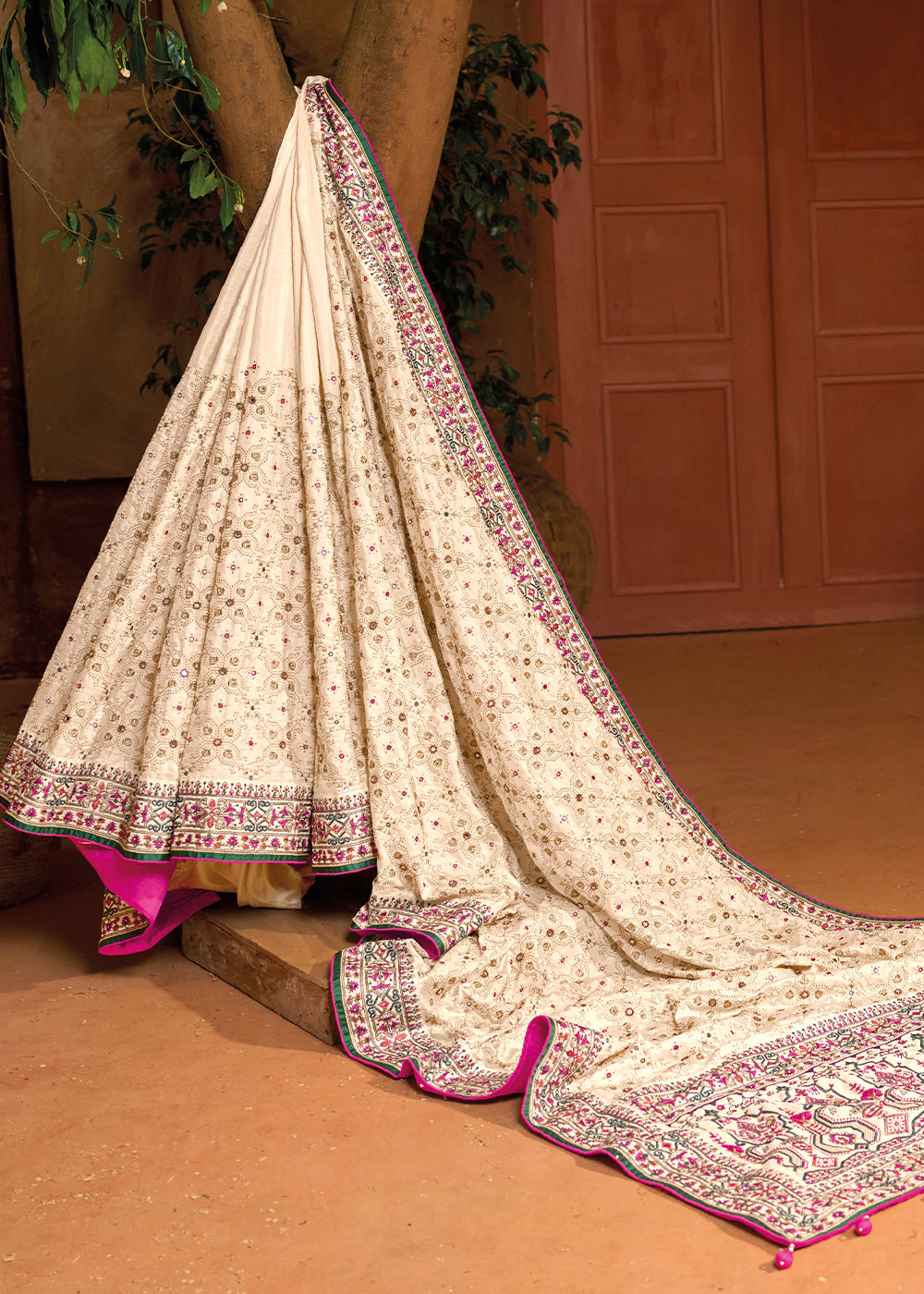 Pearl White Banarasi Silk Saree with Diamond, Mirror & Kachhi work