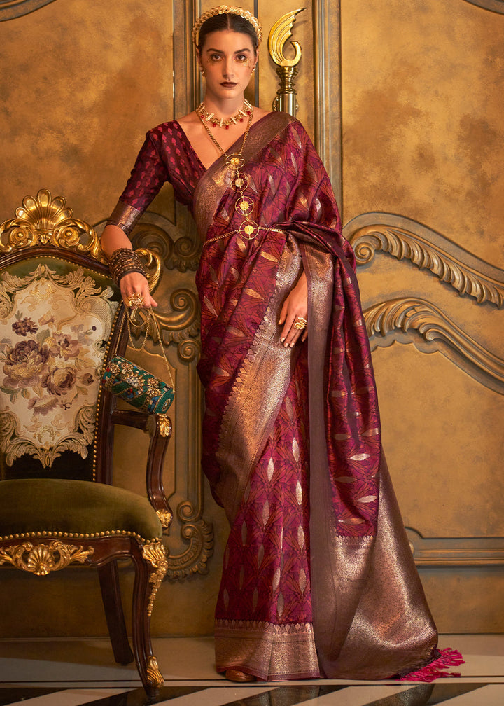 Maroon Brown Handloom Woven Satin Silk Saree