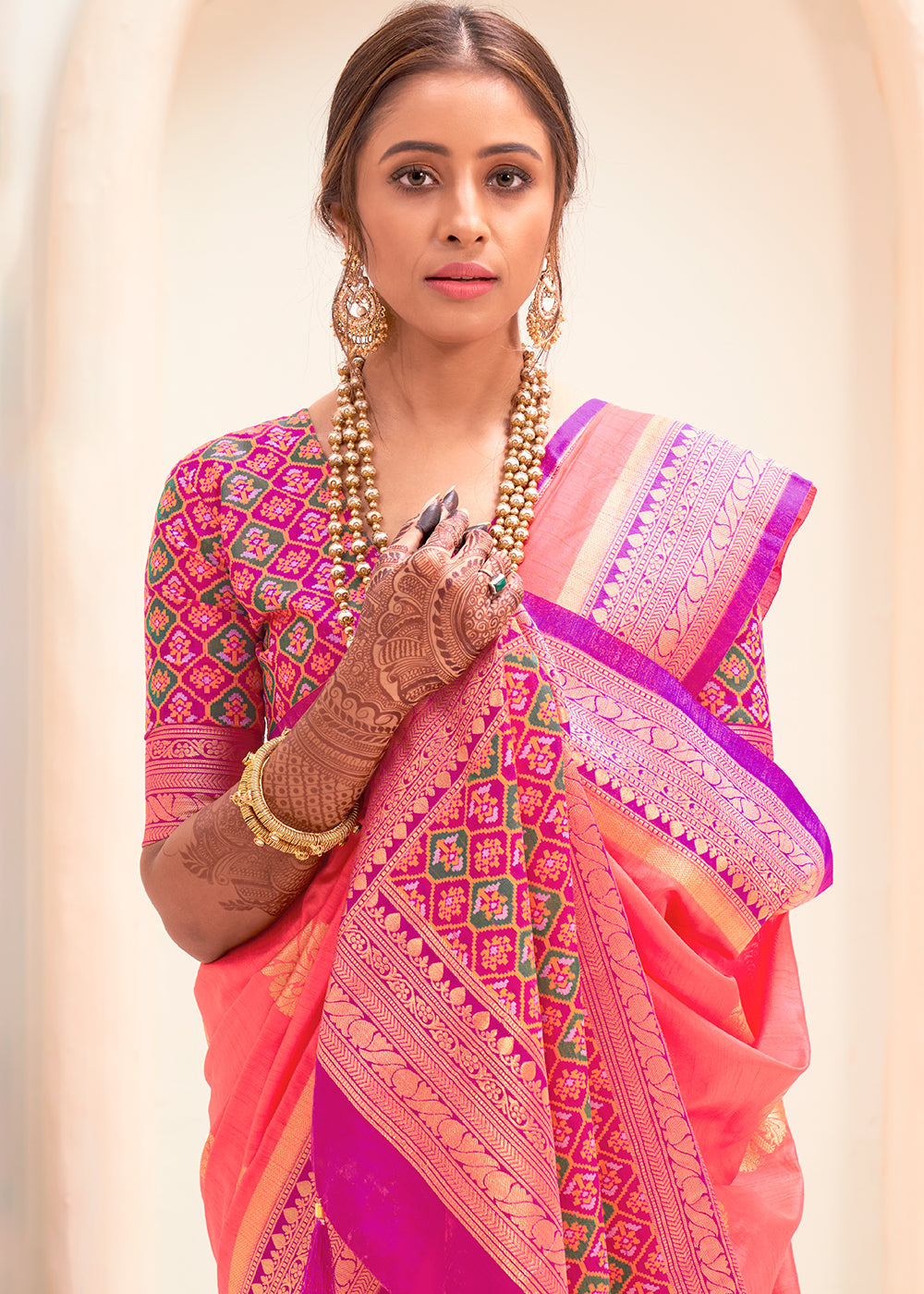 Brink Pink Woven Banarasi Patola Silk Saree