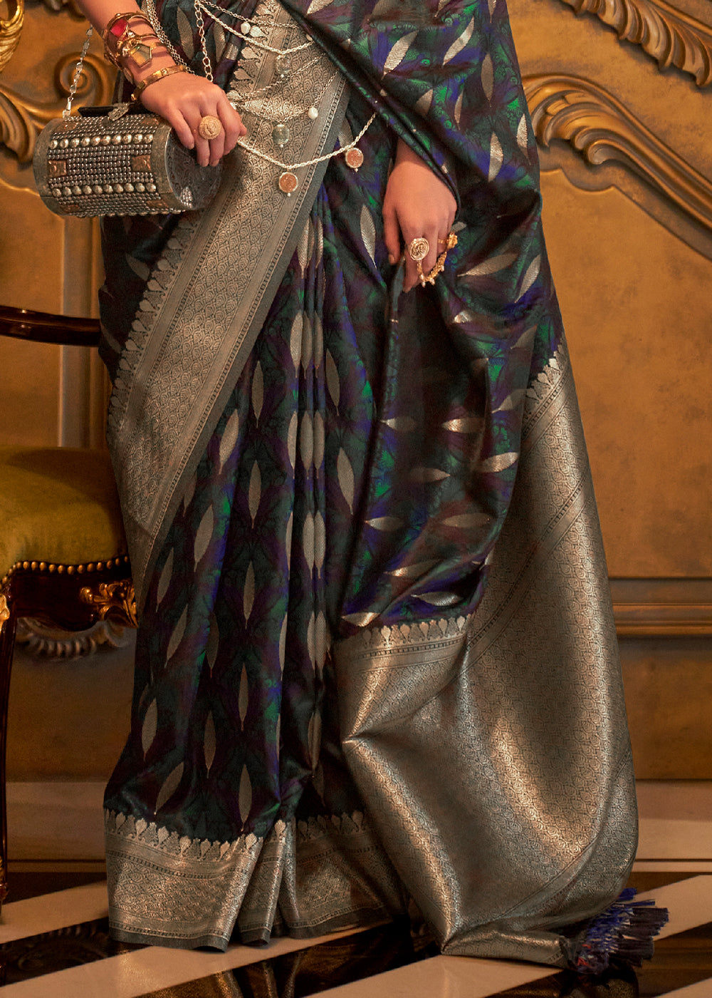 Charleston Green Handloom Woven Satin Silk Saree