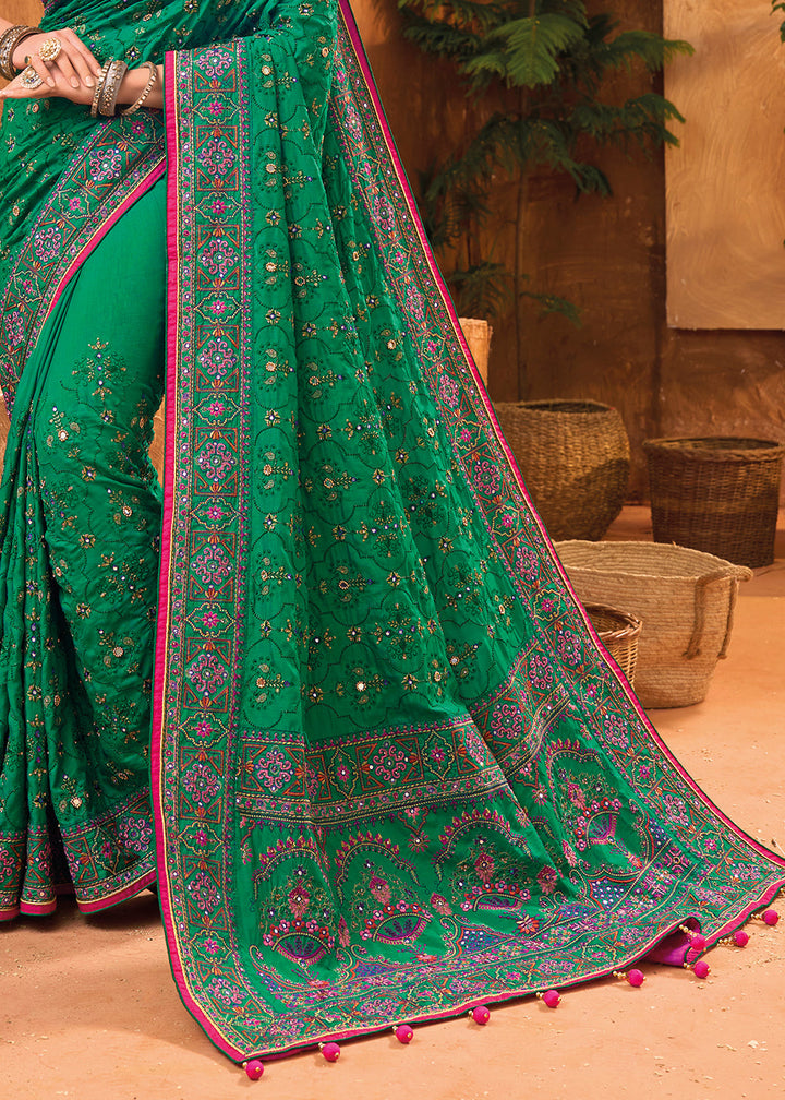 Castleton Green Banarasi Silk Saree with Diamond,Mirror & Kachhi work