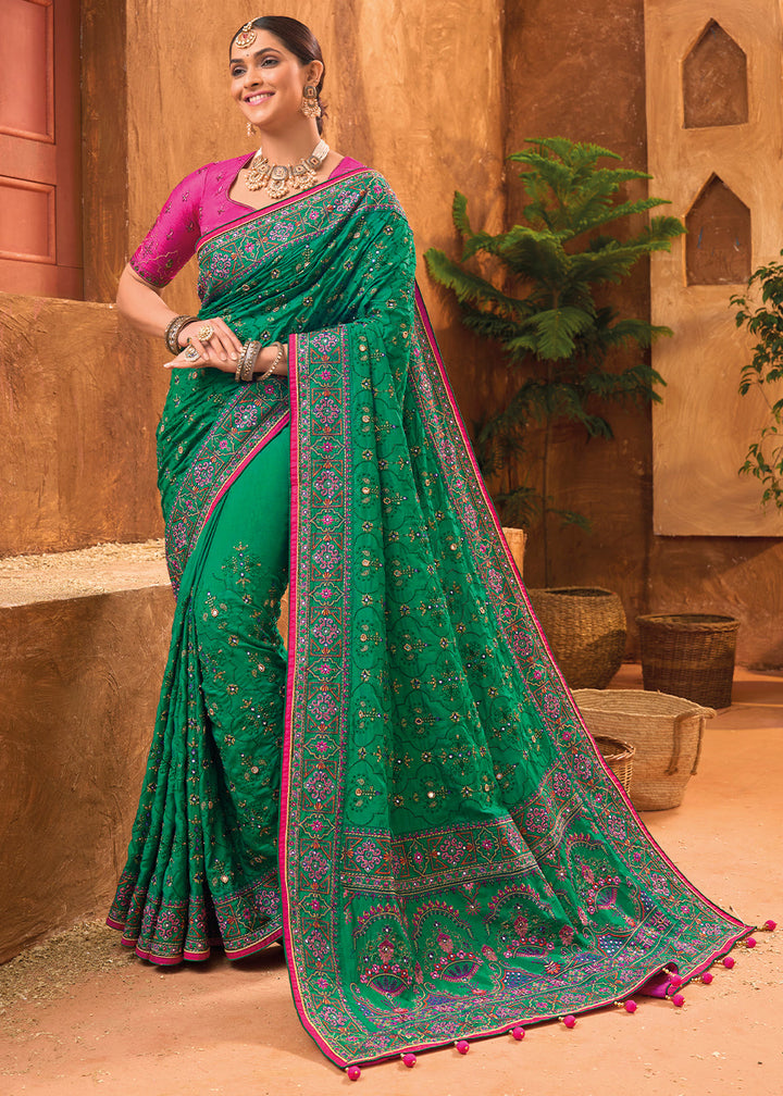 Castleton Green Banarasi Silk Saree with Diamond,Mirror & Kachhi work