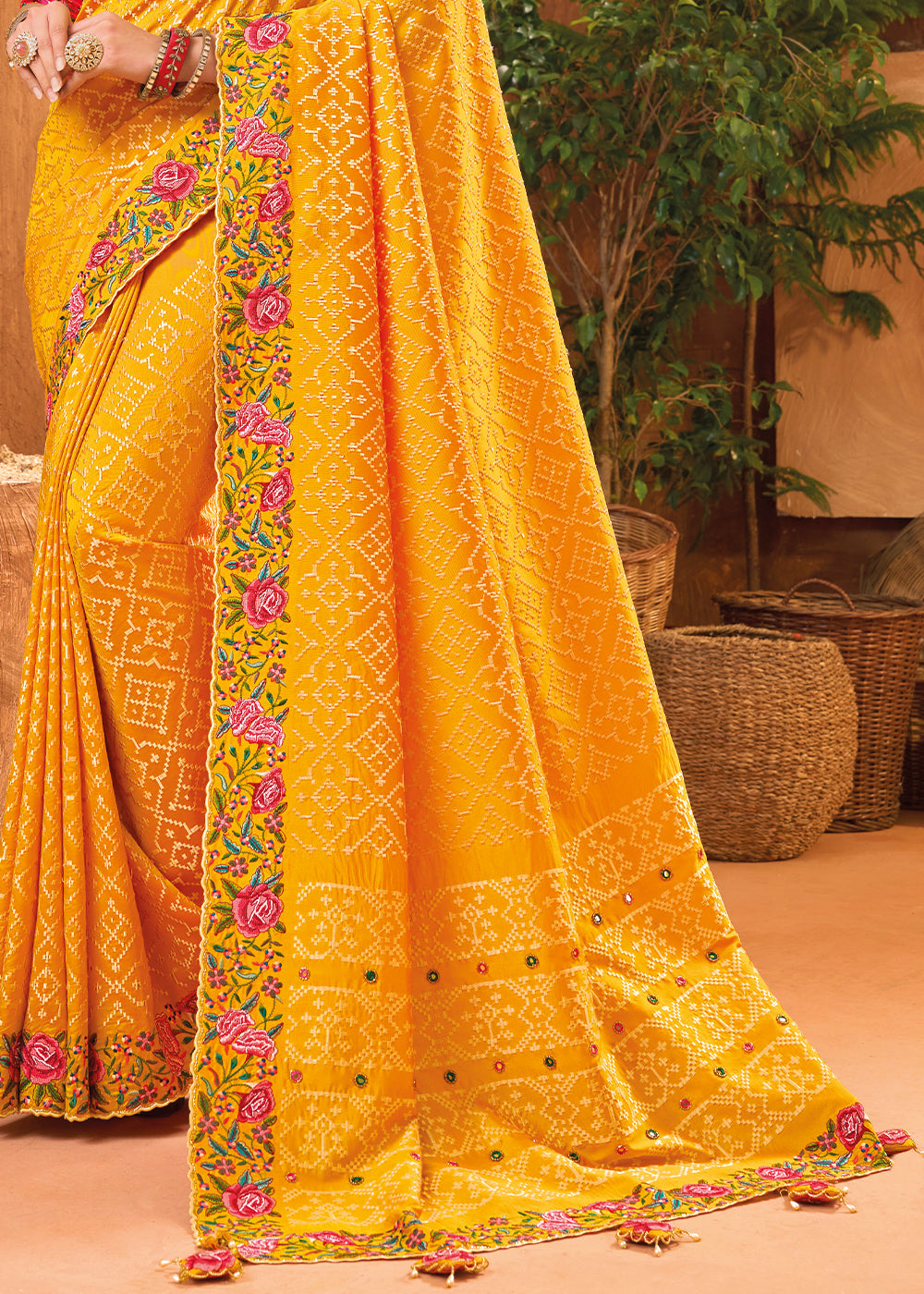 Saffron Yellow Banarasi Silk Saree with Cut-Dana,Mirror & Kachhi work