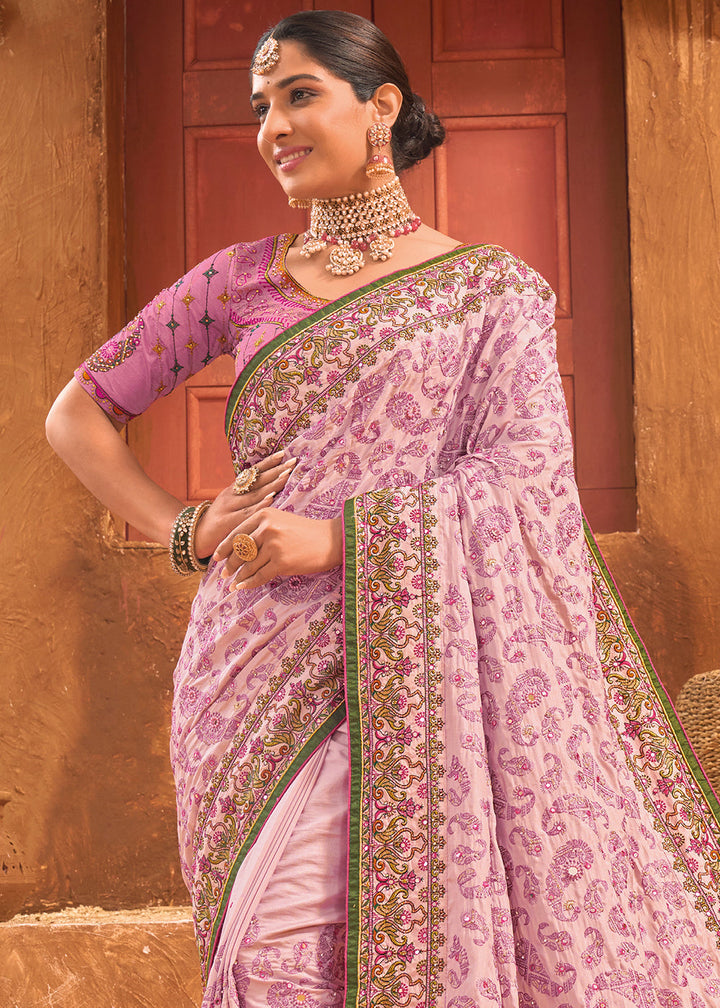 Light Lilac Purple Banarasi Silk Saree with Diamond,Mirror & Kachhi work