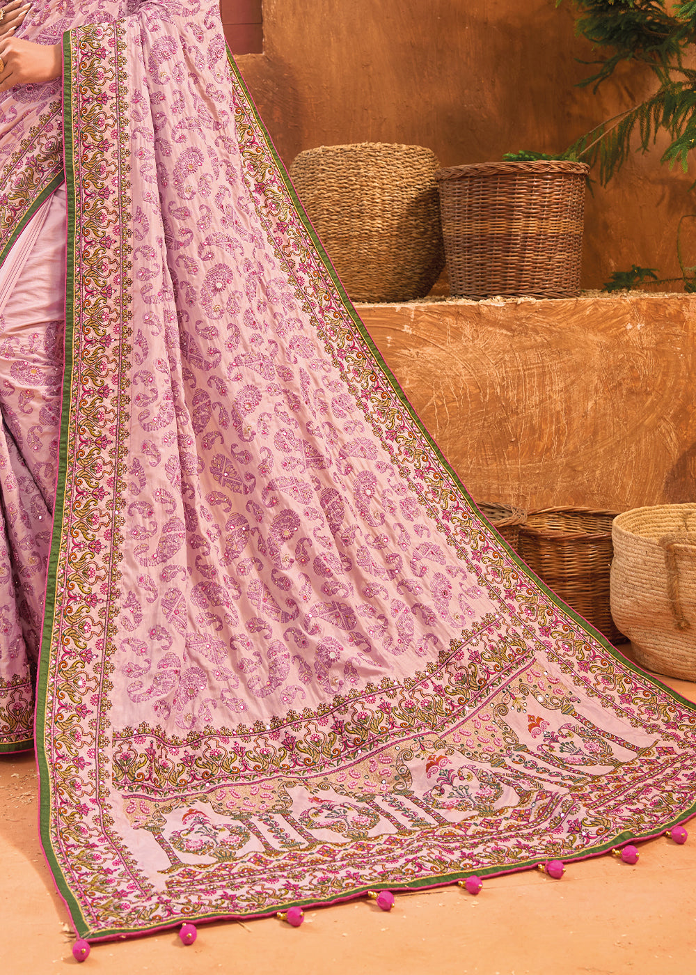 Light Lilac Purple Banarasi Silk Saree with Diamond,Mirror & Kachhi work