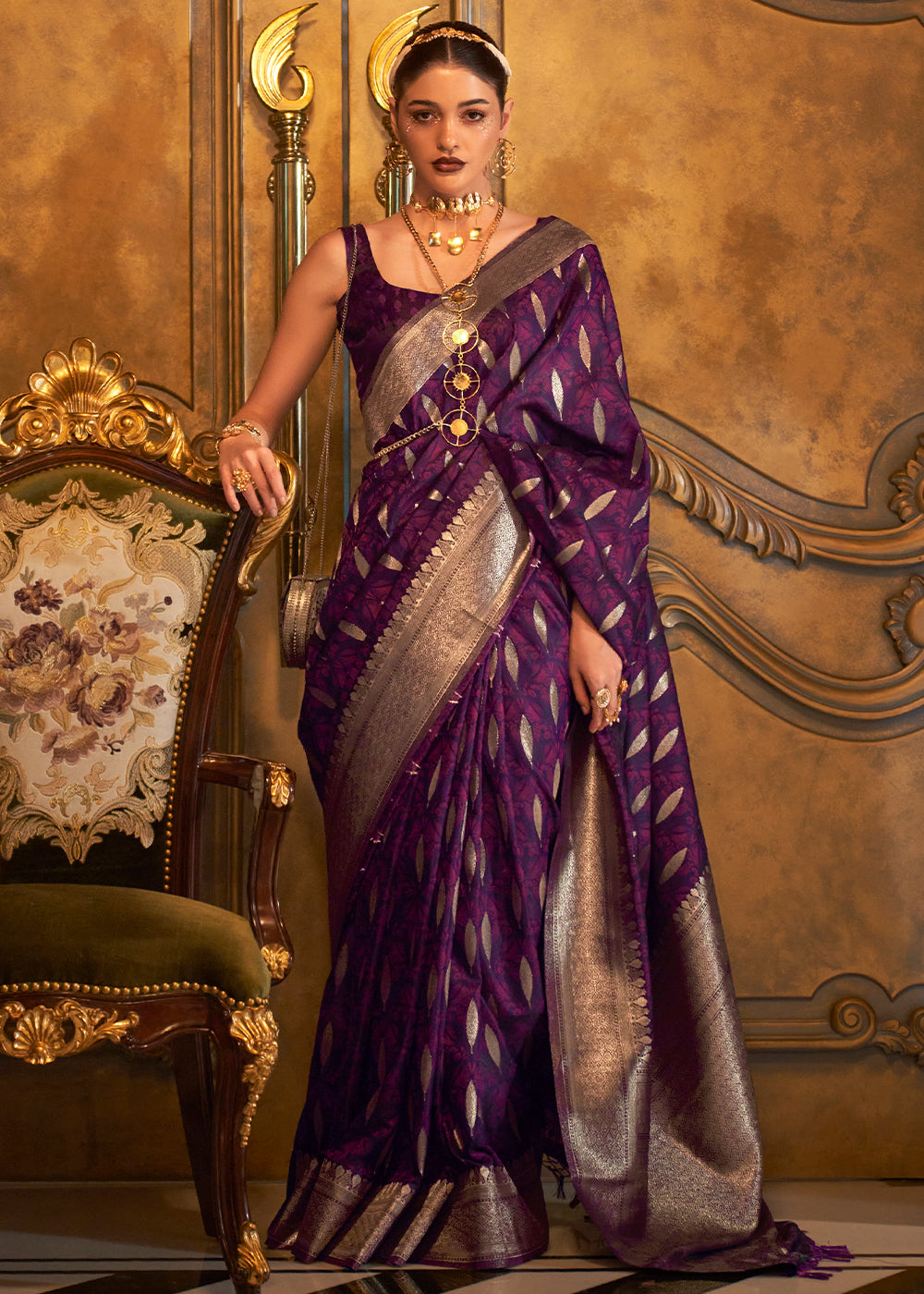 Midnight Purple Handloom Woven Satin Silk Saree