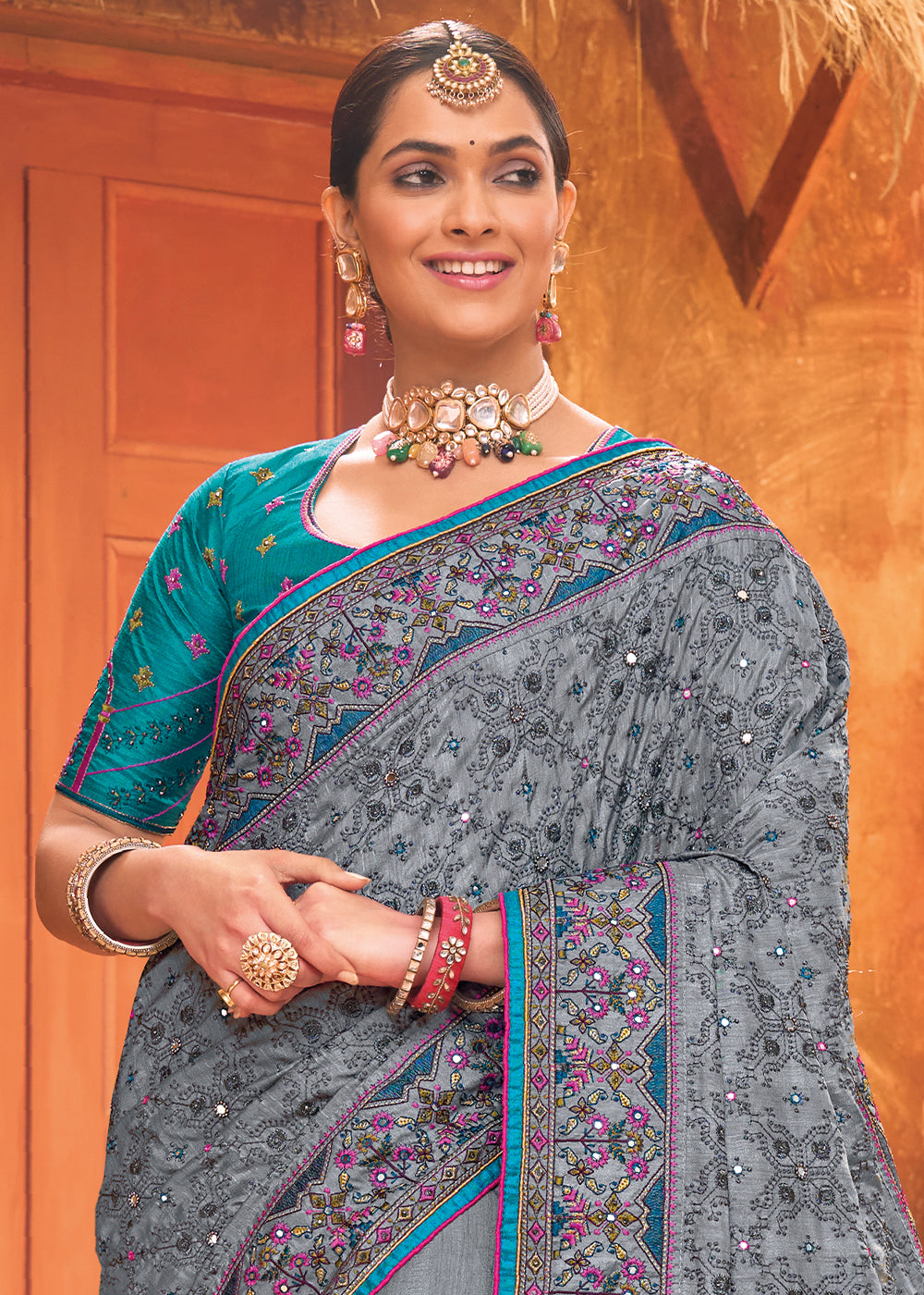 Anchor Grey Banarasi Silk Saree with Diamond,Mirror & Kachhi work
