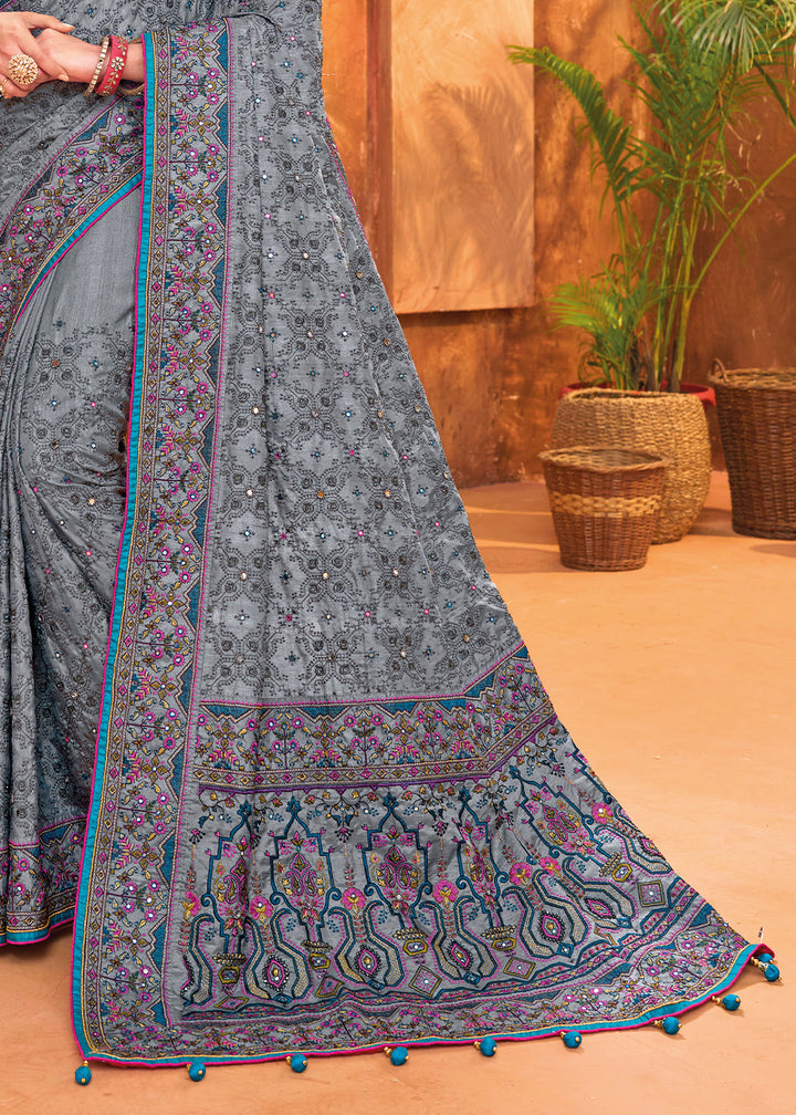 Anchor Grey Banarasi Silk Saree with Diamond,Mirror & Kachhi work