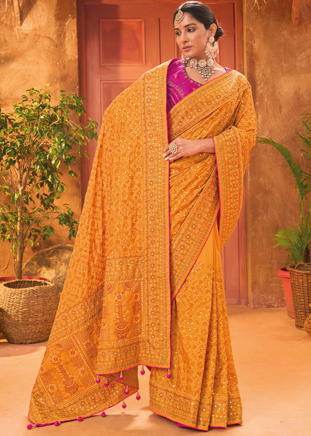 Apricot Orange Banarasi Silk Saree with Diamond,Mirror & Kachhi work