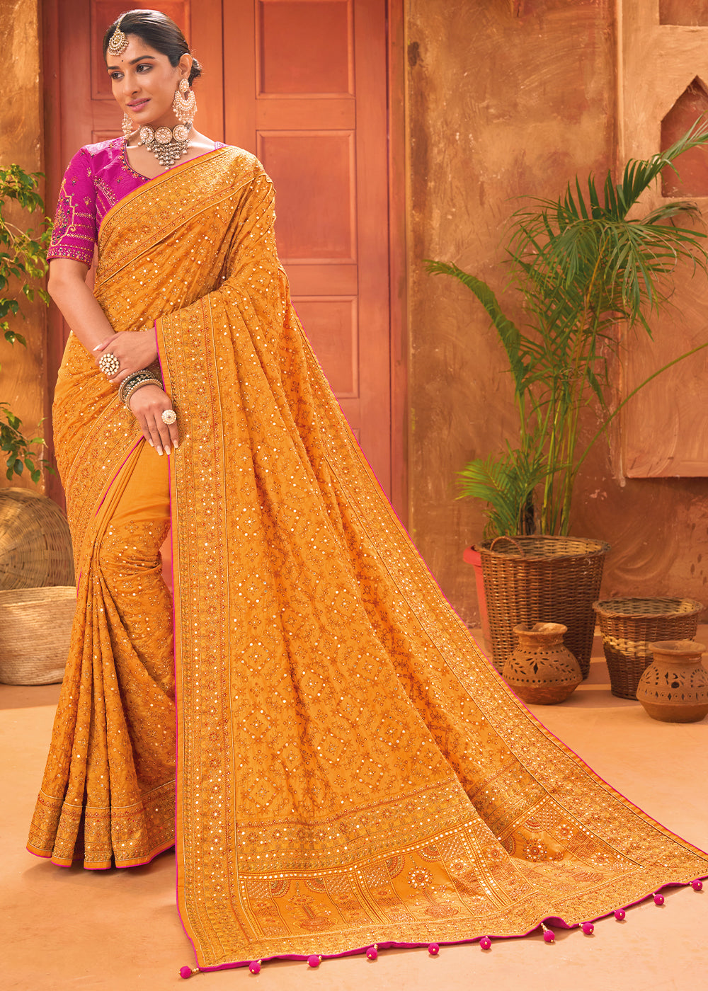 Apricot Orange Banarasi Silk Saree with Diamond,Mirror & Kachhi work