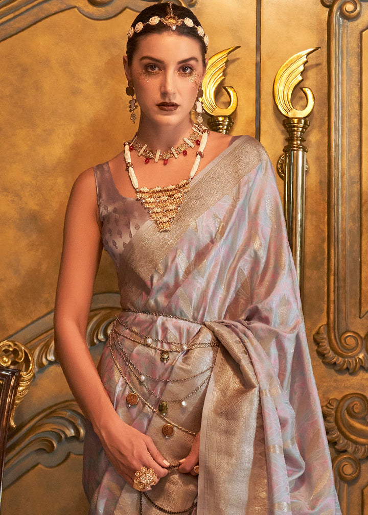 Metallic Grey Handloom Woven Satin Silk Saree