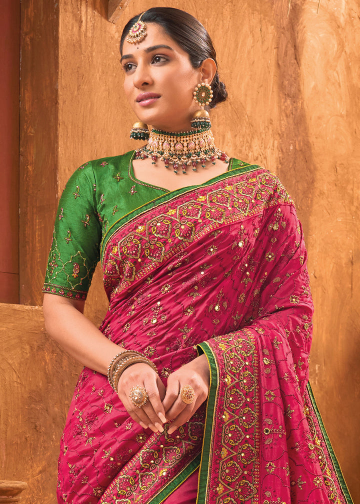 Magenta Pink Banarasi Silk Saree with Diamond,Mirror & Kachhi work