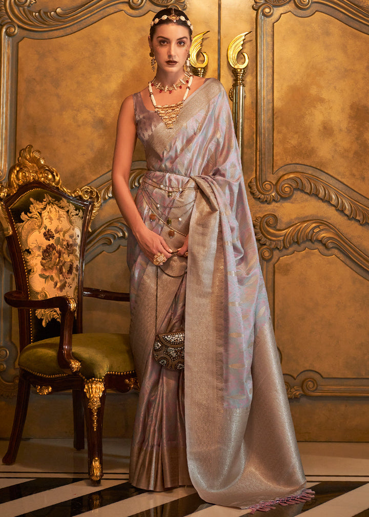 Metallic Grey Handloom Woven Satin Silk Saree