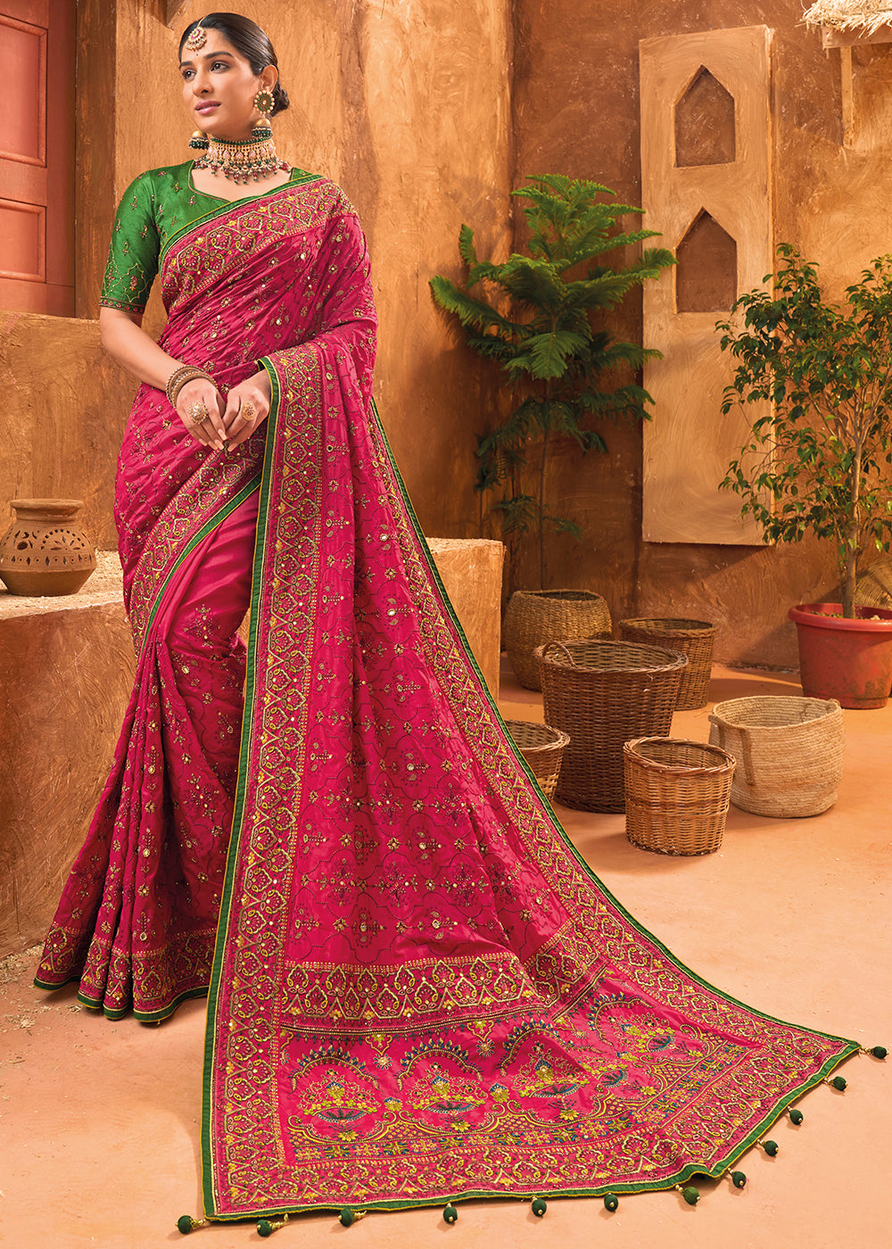 Magenta Pink Banarasi Silk Saree with Diamond,Mirror & Kachhi work