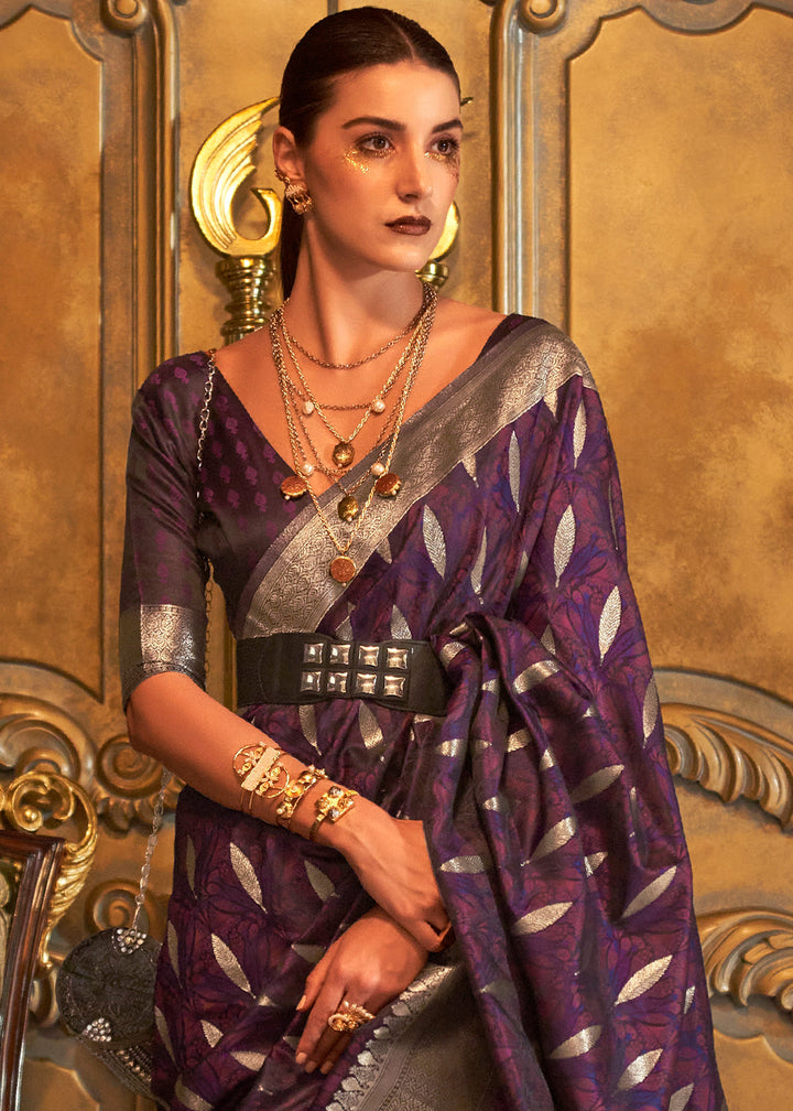 Irish Purple Handloom Woven Satin Silk Saree