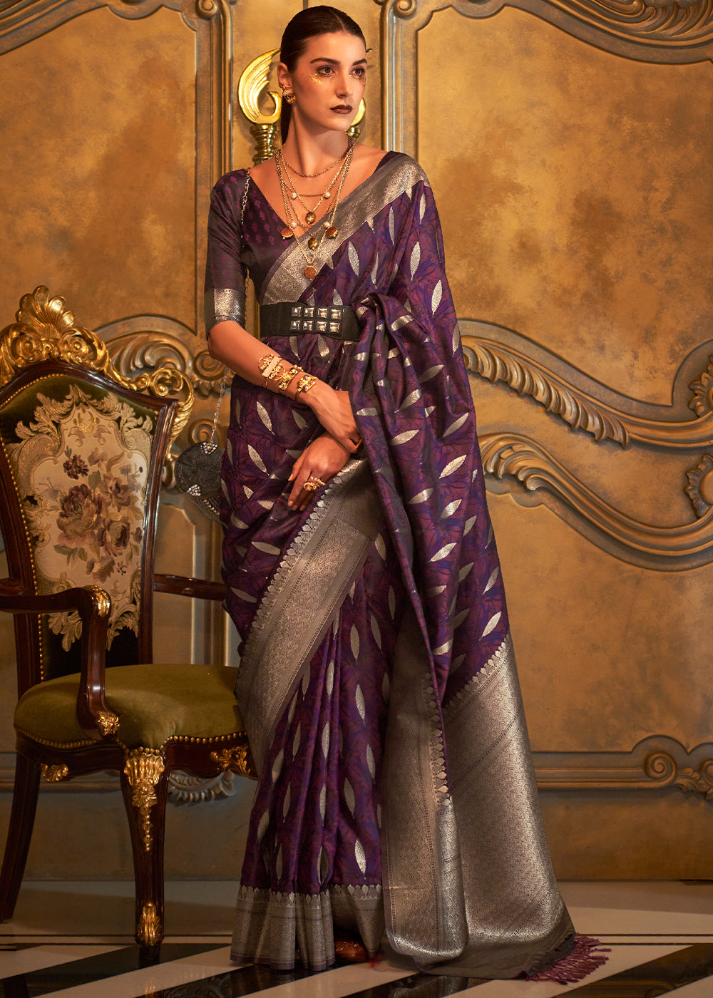 Irish Purple Handloom Woven Satin Silk Saree