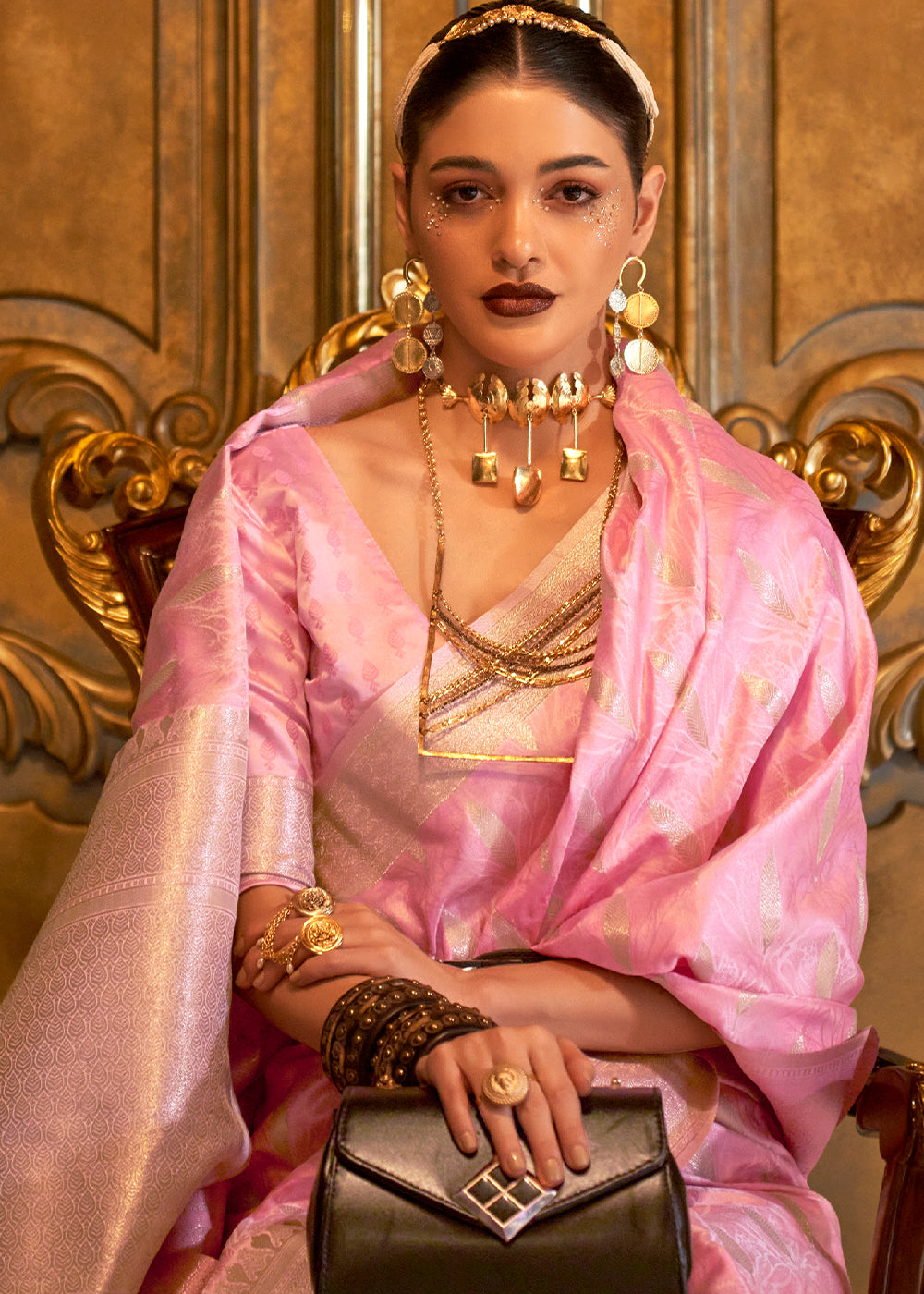 Creamy Pink Handloom Woven Satin Silk Saree