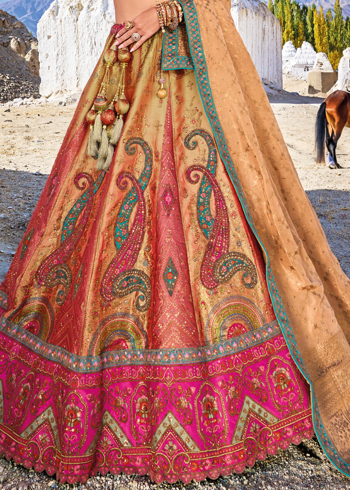 Pink & Brown Banarasi Jacquard Silk Lehengas with Cut Work & Hand Work Embroidery