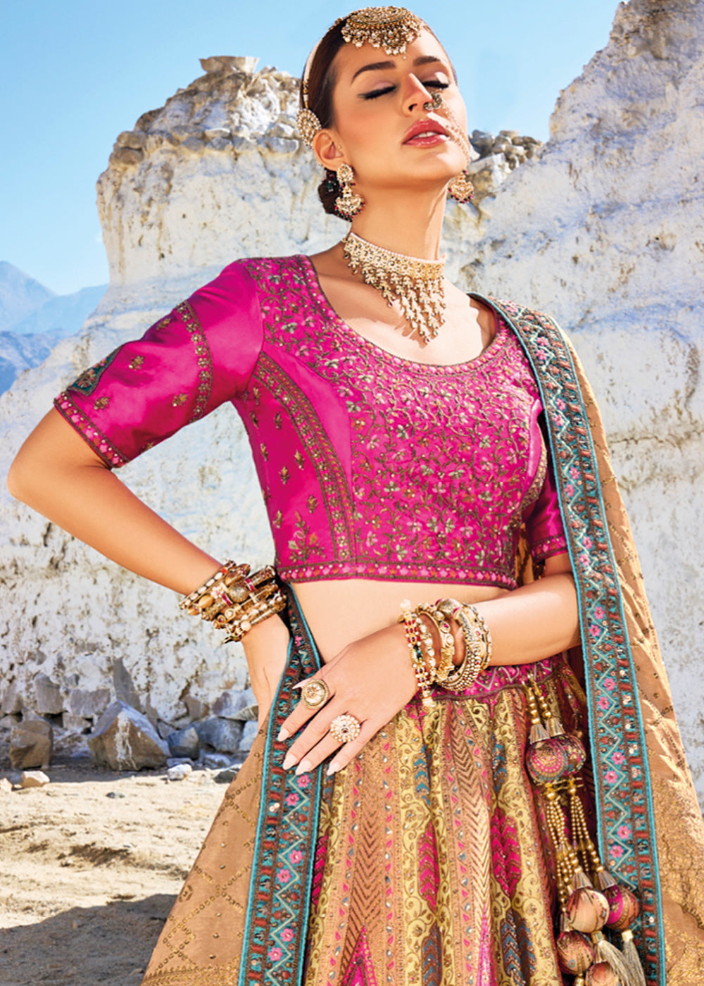 Multi Colored Banarasi Jacquard Silk Lehengas with Cut Work & Hand Work Embroidery