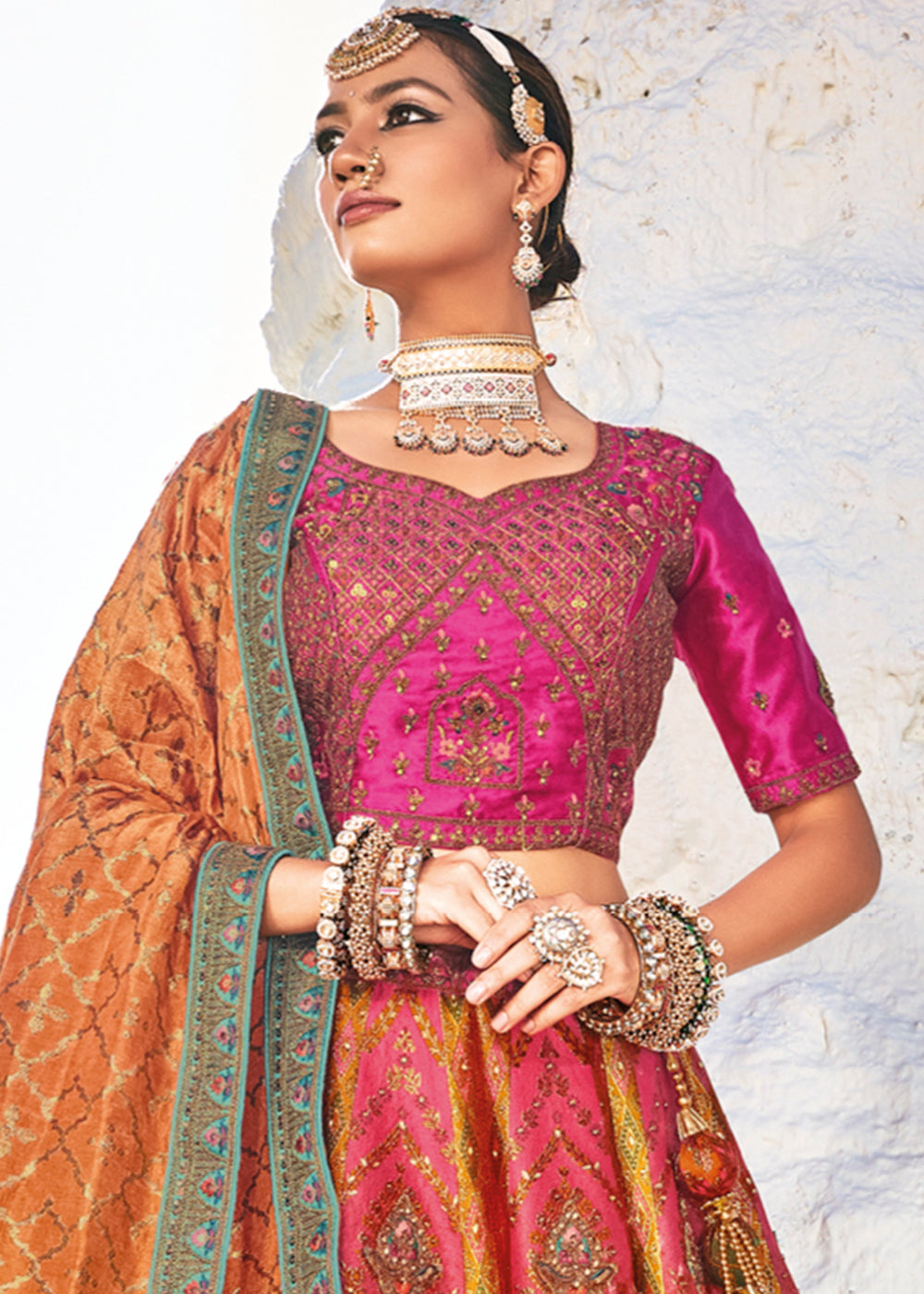 Pink & Orange Banarasi Jacquard Silk Lehengas with Cut Work & Hand Work Embroidery