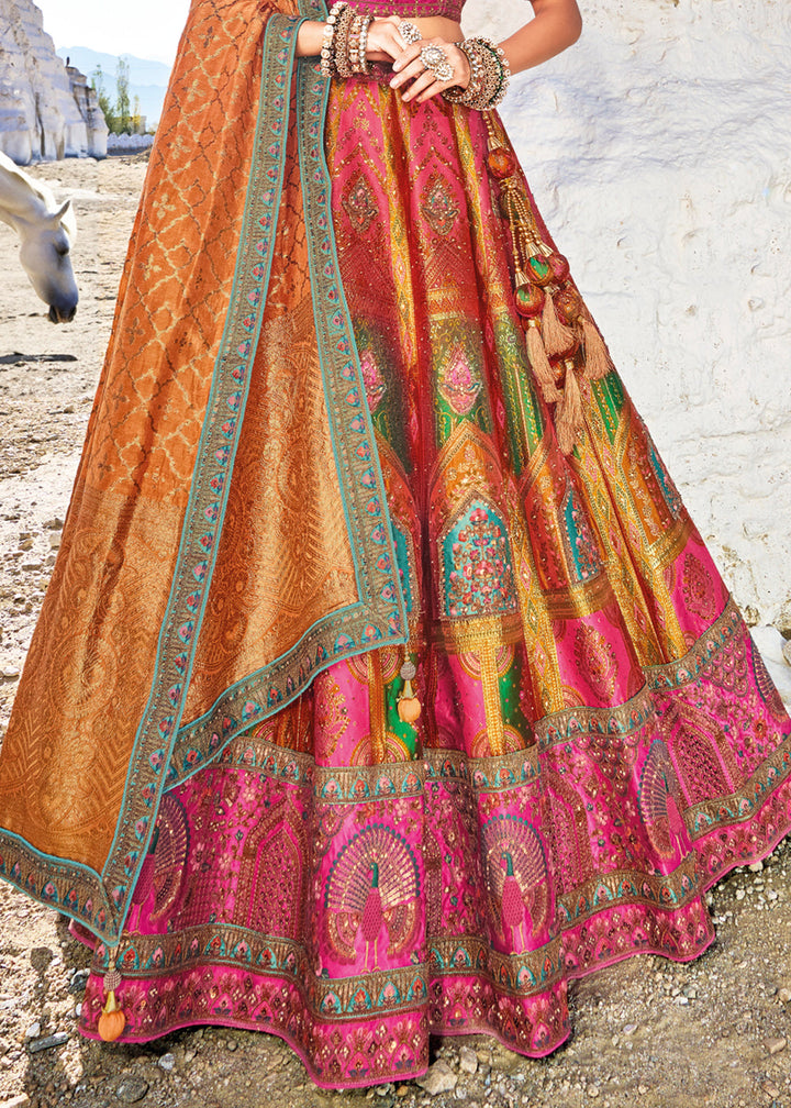 Pink & Orange Banarasi Jacquard Silk Lehengas with Cut Work & Hand Work Embroidery