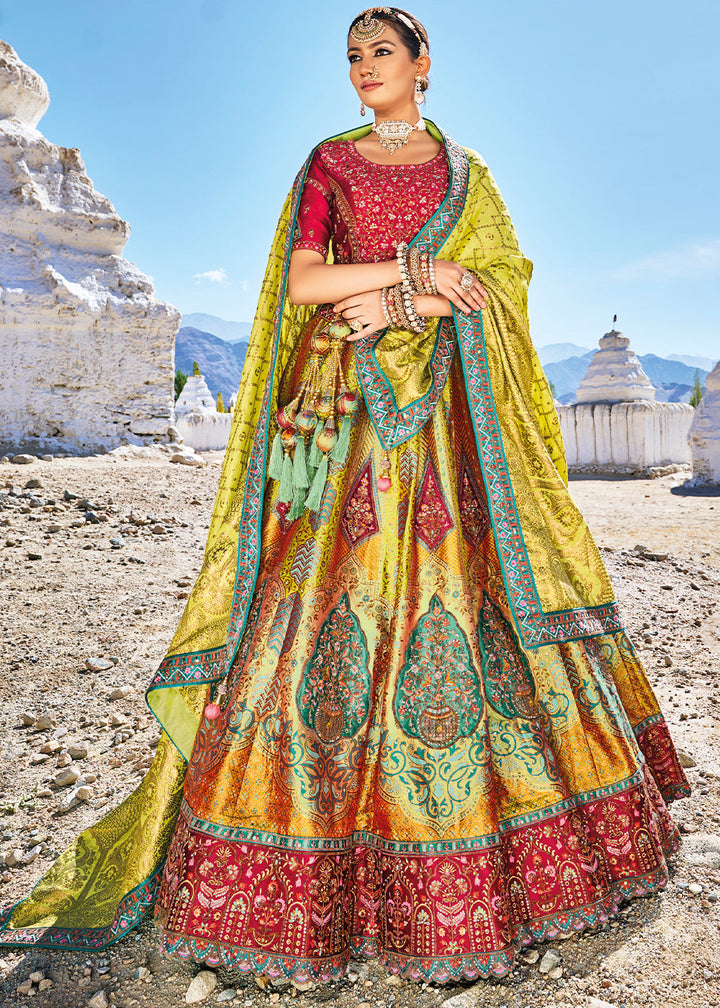 Red & Yellow Banarasi Jacquard Silk Lehengas with Cut Work & Hand Work Embroidery