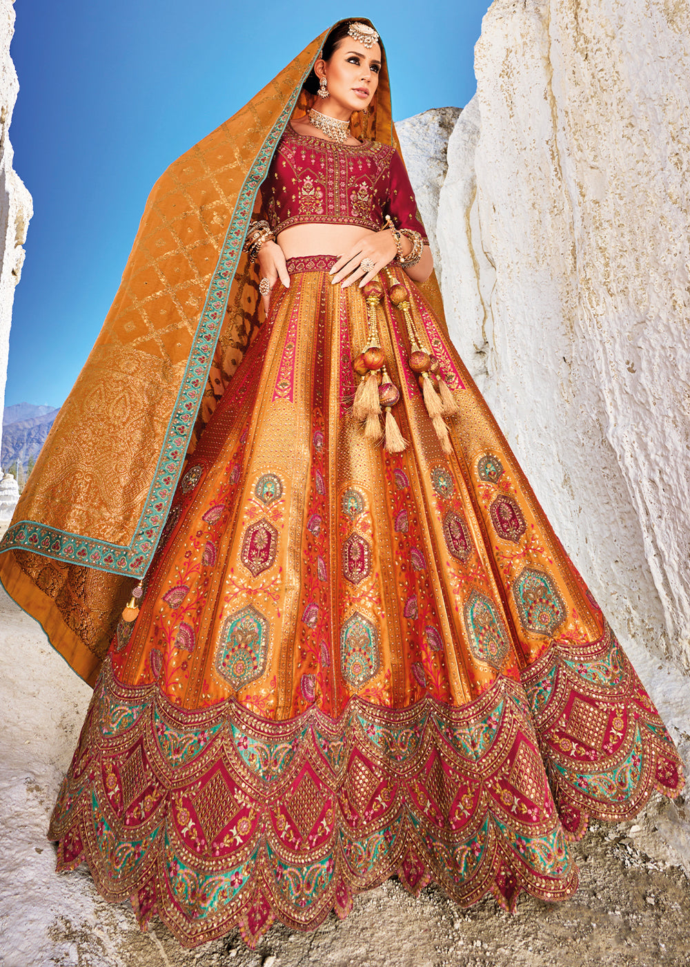 Red & Orange Banarasi Jacquard Silk Lehengas with Cut Work & Hand Work Embroidery