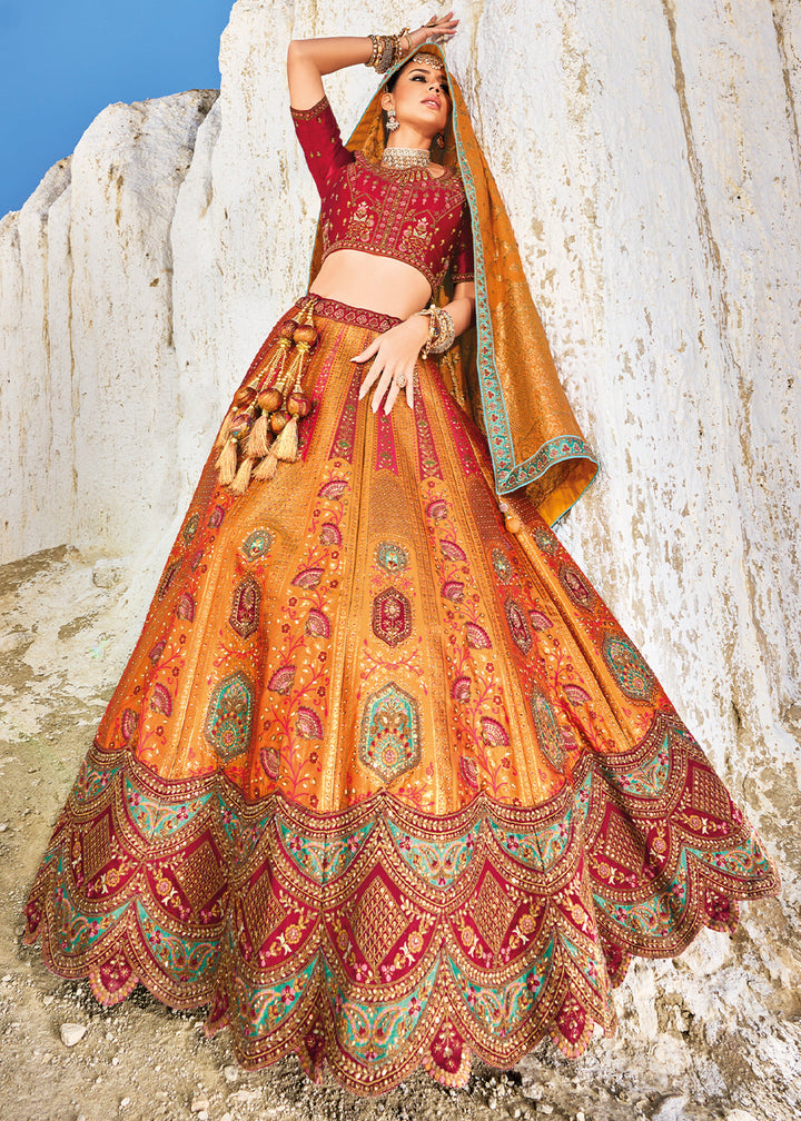 Red & Orange Banarasi Jacquard Silk Lehengas with Cut Work & Hand Work Embroidery