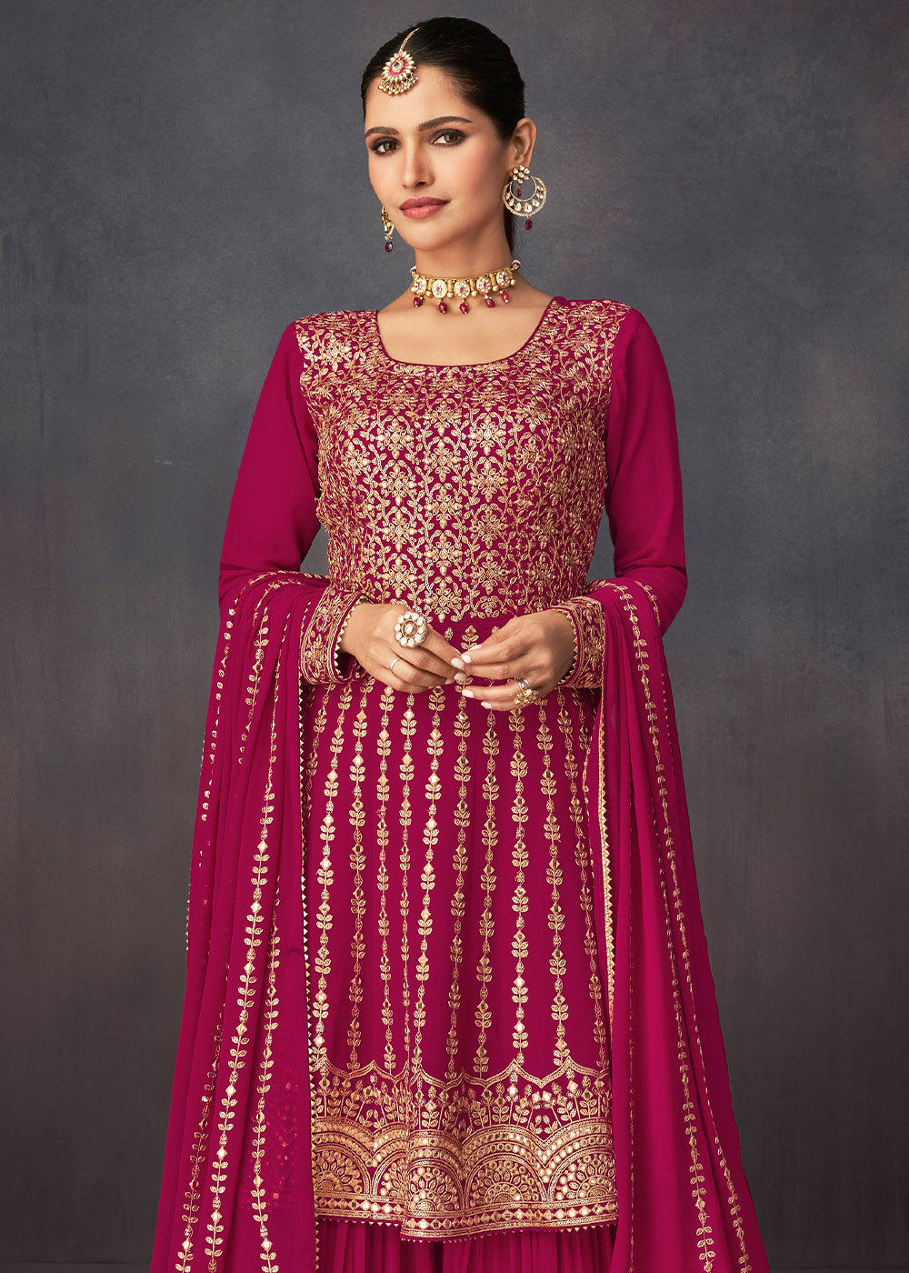 Magenta Pink Embroidered Georgette Plazzo Suit