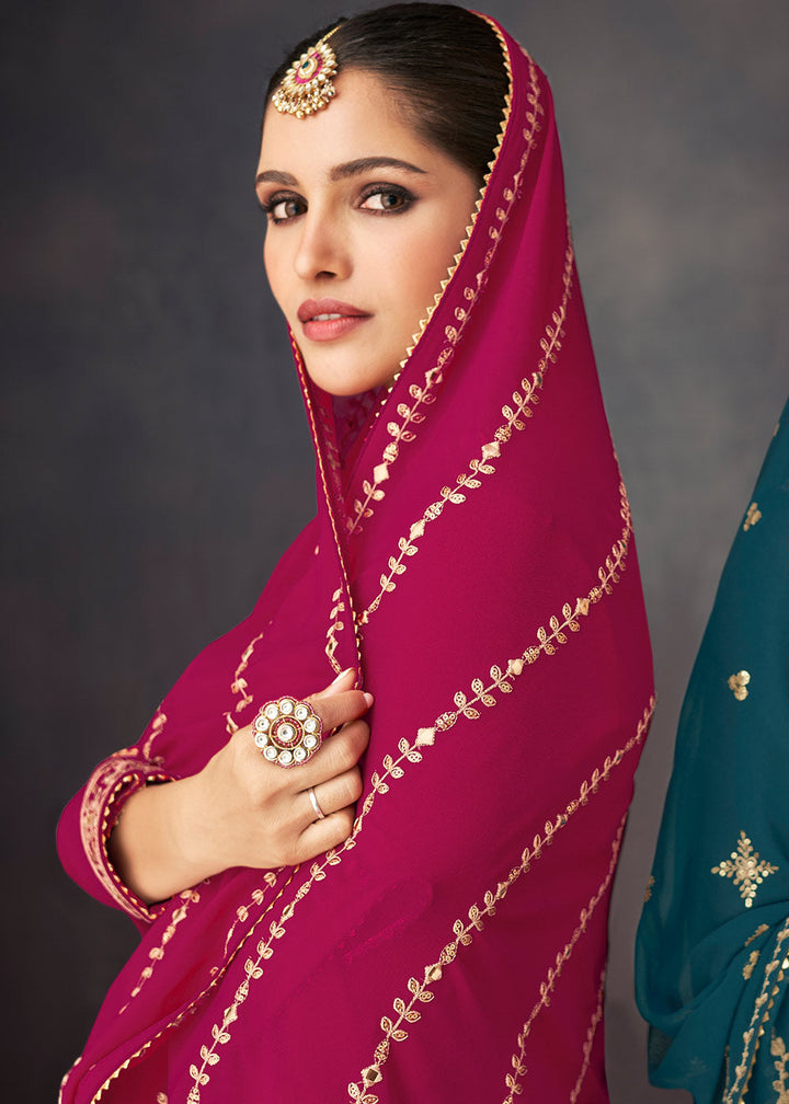 Magenta Pink Embroidered Georgette Plazzo Suit