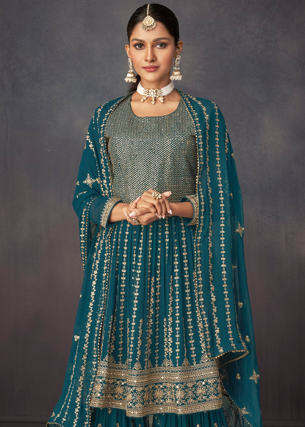 Prussian Blue Embroidered Georgette Plazzo Suit: Top Pick
