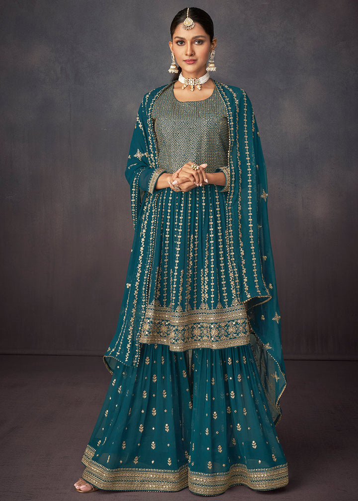 Prussian Blue Embroidered Georgette Plazzo Suit: Top Pick