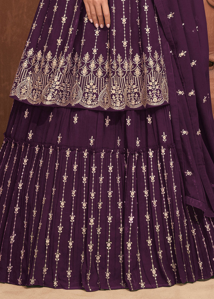 Wine Purple Georgette Embroidered Lehenga Suit