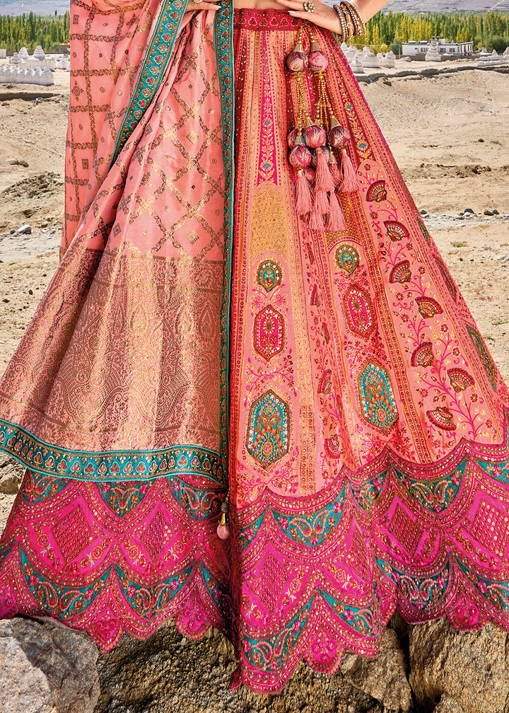 Peach Pink Banarasi Jacquard Silk Lehenga with Cut Work & Hand Work Embroidery