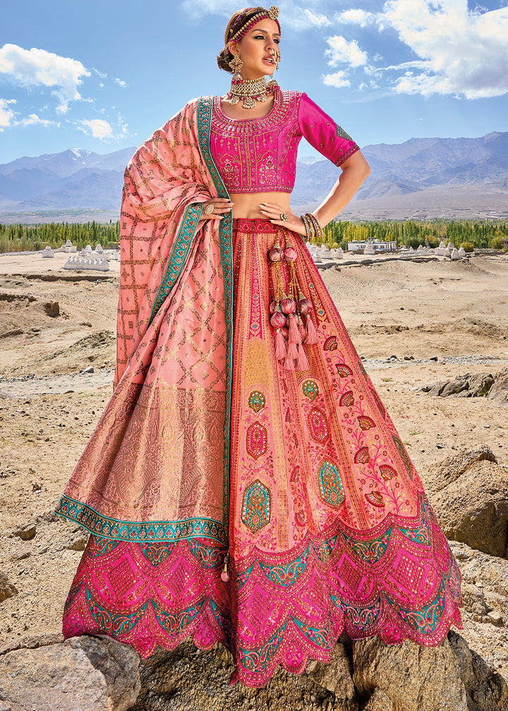 Peach Pink Banarasi Jacquard Silk Lehenga with Cut Work & Hand Work Embroidery