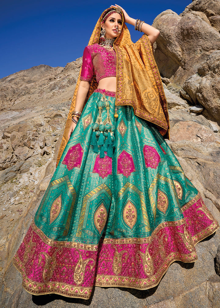 Blue & Pink Banarasi Jacquard Silk Lehenga with Cut Work & Hand Work Embroidery
