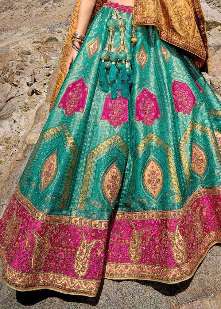 Blue & Pink Banarasi Jacquard Silk Lehenga with Cut Work & Hand Work Embroidery