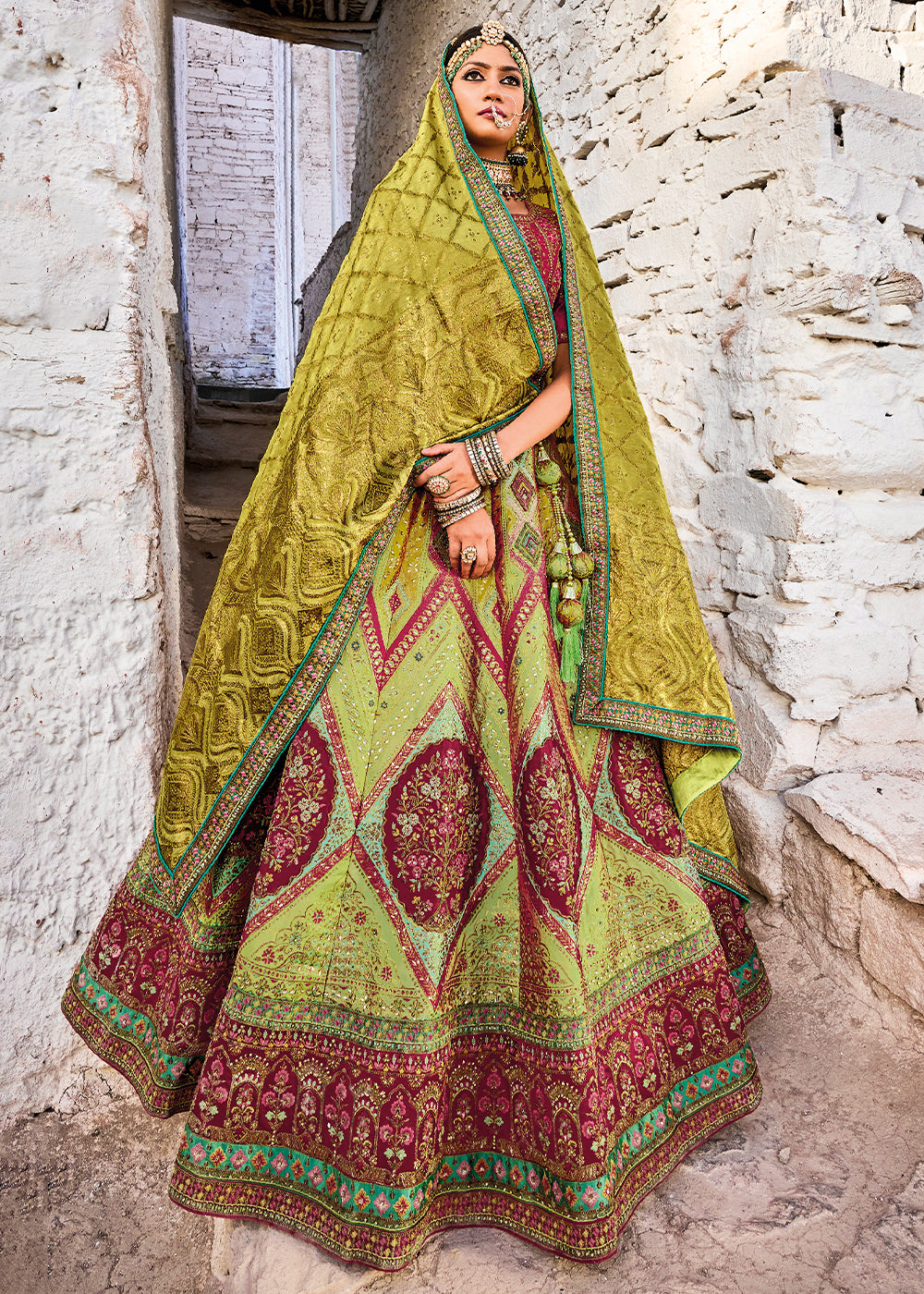 Shades Of Green Banarasi Jacquard Silk Lehenga with Cut Work & Hand Work Embroidery