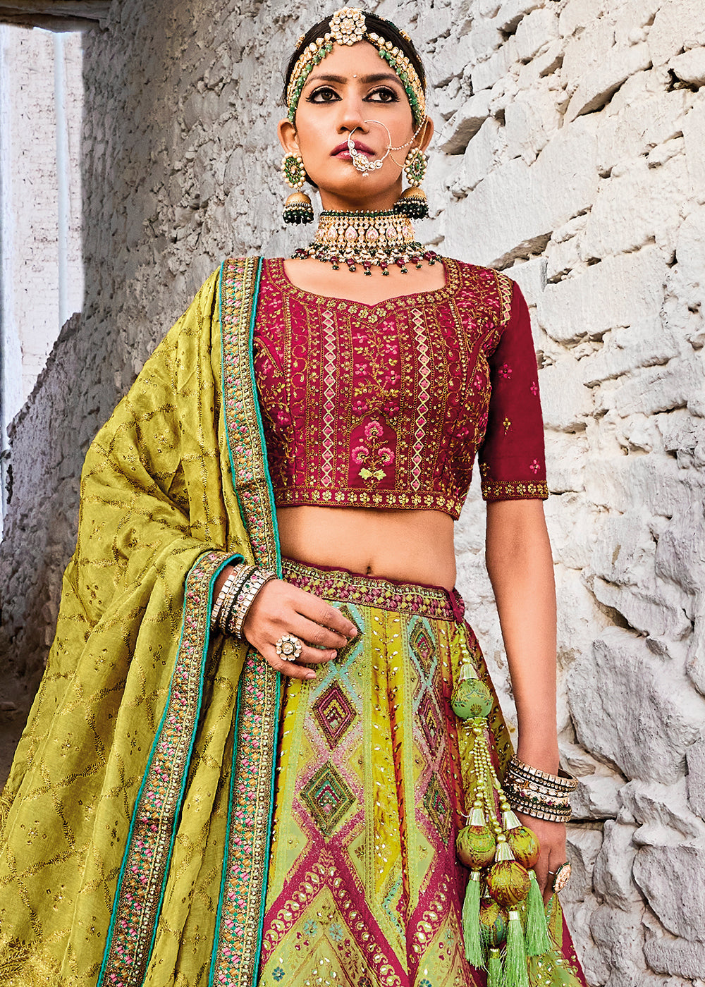 Shades Of Green Banarasi Jacquard Silk Lehenga with Cut Work & Hand Work Embroidery